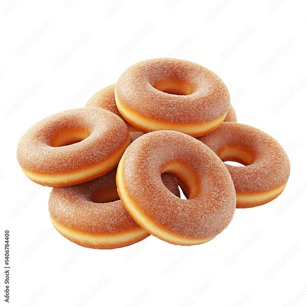 Pile of classic sugar donuts with golden brown crust isolated on white transparent background. Concept of sweet bakery and dessert snacks Pile of classic sugar donuts with golden brown crust isolated on white transparent background. Concept of sweet bakery and dessert snacks