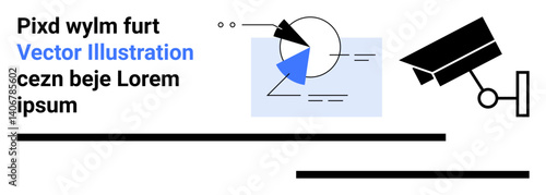 Surveillance camera alongside geometric shapes, lines, and abstract typography. Ideal for technology, security, design, innovation, data analysis, creativity and simple landing page