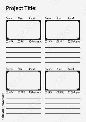 Professional film storyboard template with 16:9 frames. Perfect for Filmmakers, Designers & Animators. Movie storyboard layout, ideal for scene planning. A4 size template for filmmakers and designers