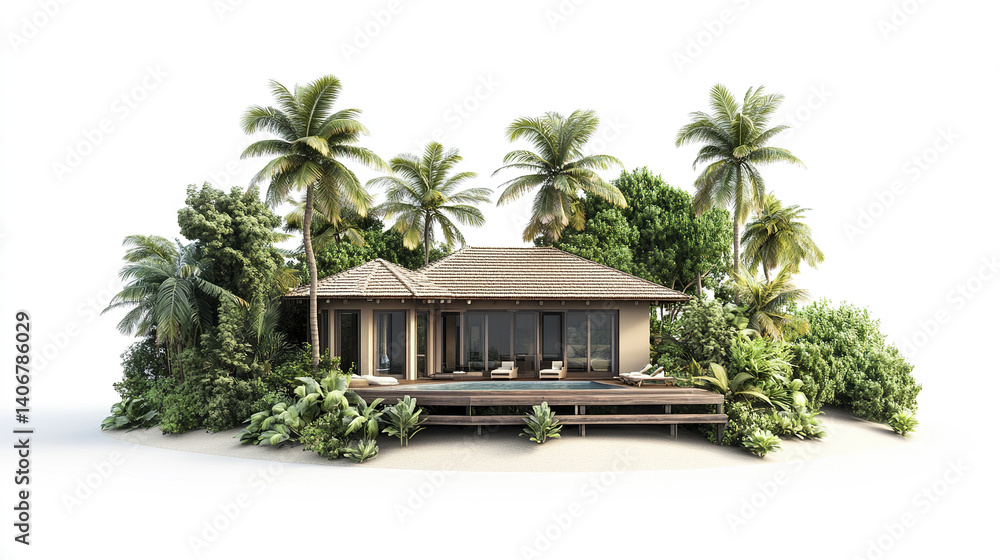 Fototapeta premium Tropical resort style house surrounded by lush greenery and palm trees