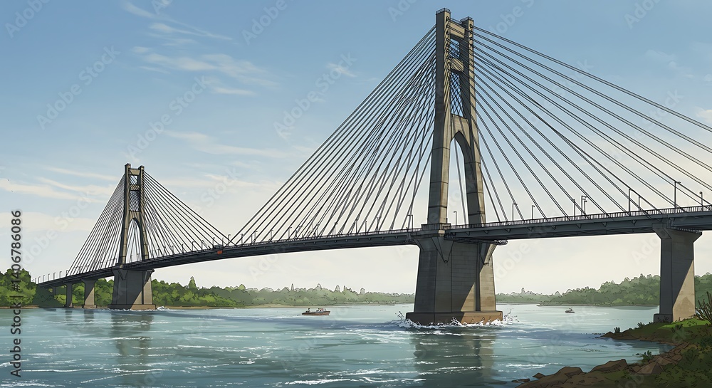 Fototapeta premium Majestic Cable-Stay Bridge: A Serene Illustrated Landscape