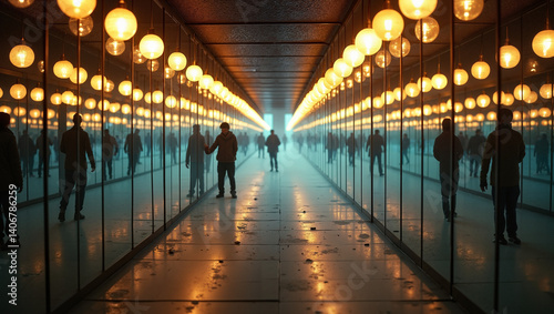 A mirror maze reflecting endless, ghostly and surreal background