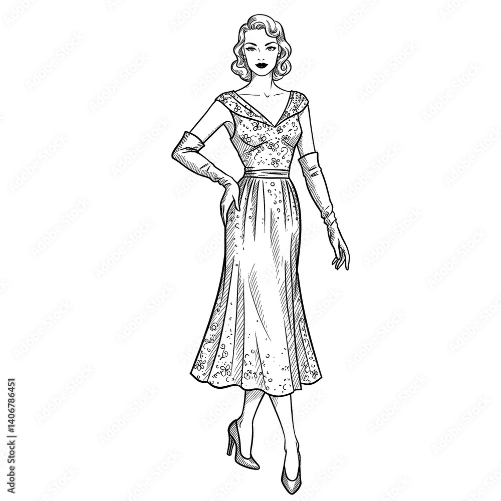 Chic Female Runway Model Black White Retro Drawing Modeling Elegant Forties Inspired Evening Gown Style Two Chic Female Runway Model Black White Retro Drawing Modeling Elegant Forties Inspired Evening Gown Style Two