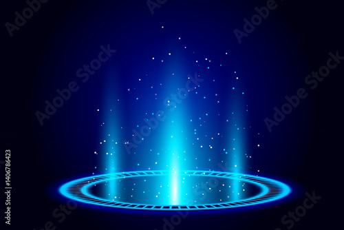 Abstract luminous teleportation portal made of glowing circle and sparkles with blue radiance. Perfect for sci-fi, fantasy, or tech-themed projects. Blue tech fantastic game portal with light effect.