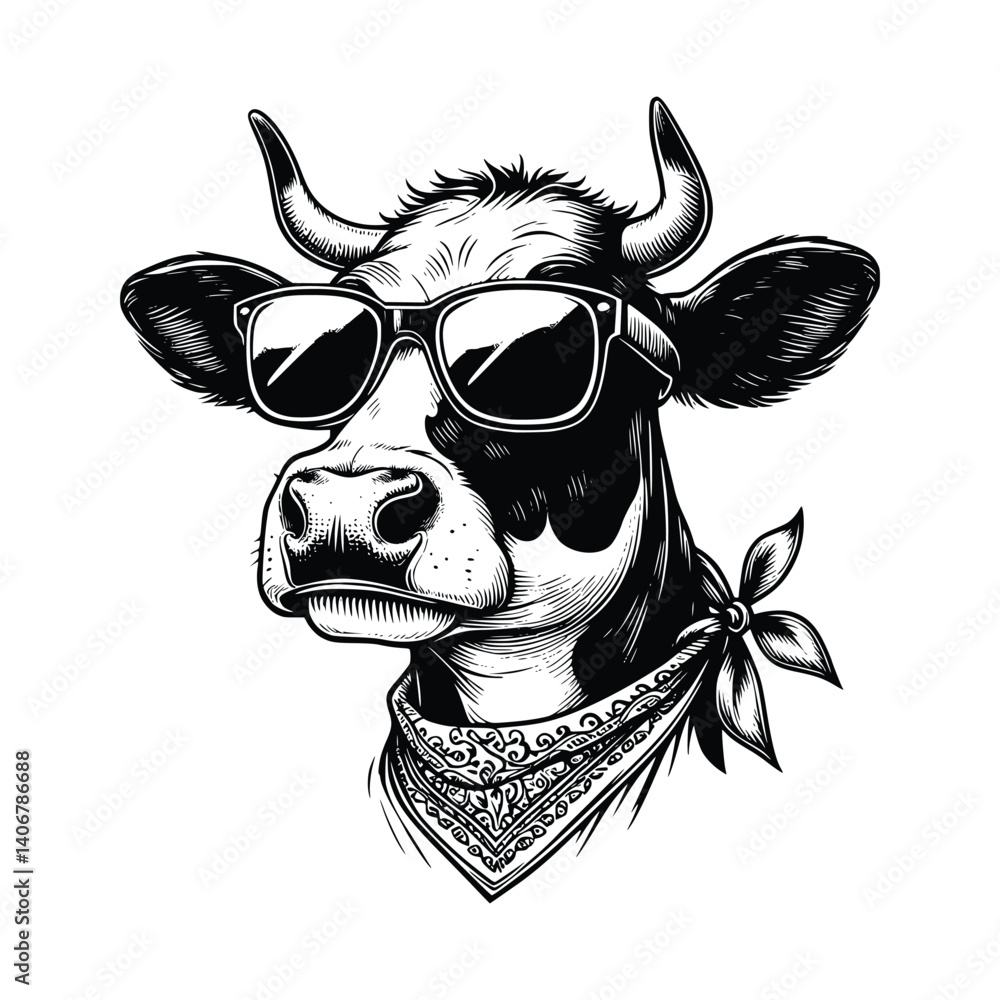 Fototapeta premium hand drawn Illustration of cow wearing sunglasses black and white vector