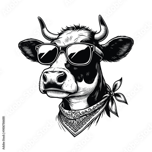 hand drawn Illustration of cow wearing sunglasses black and white vector
