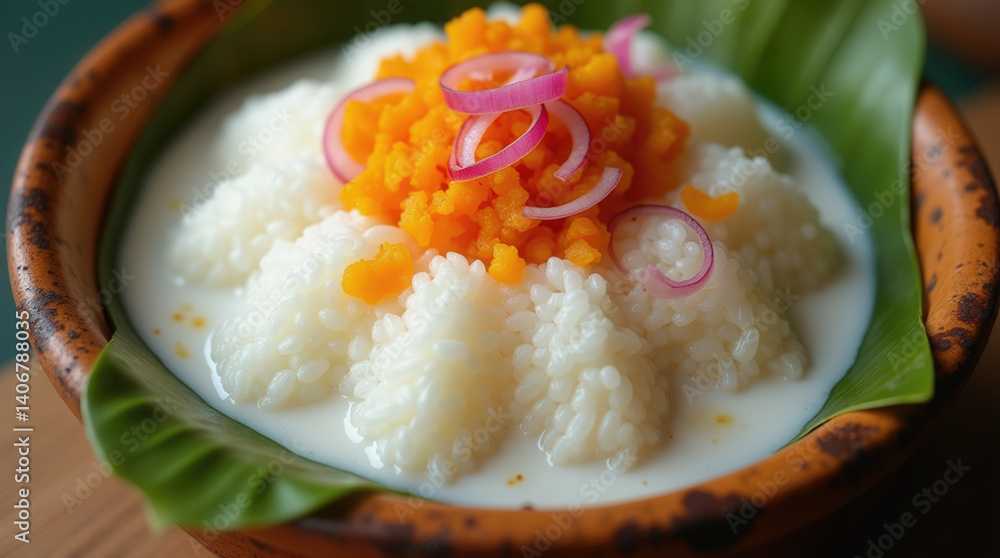A bowl features fluffy rice topped with a creamy yogurt sauce, garnished with diced orange carrots and slices of red onion, resting on a green banana leaf