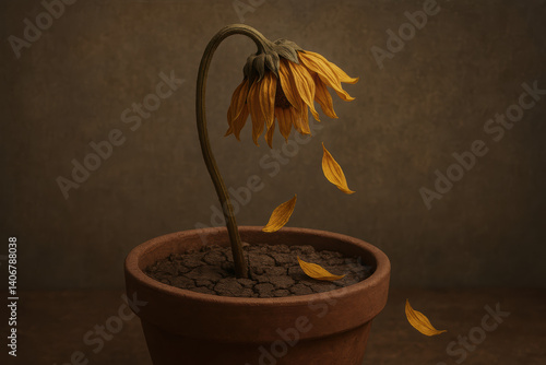 wilted flower in pot symbolizes depression as petals fall, reflecting beauty lost in sadness