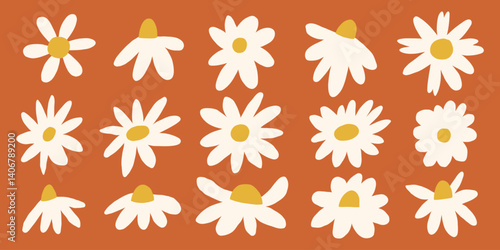 Daisy flower chamomile boho set. Spring camomile blossom icon collection. Vector hand drawn illustration