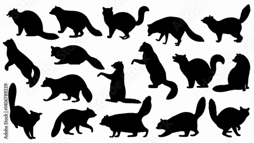 set of raccoon silhouette vector on white background
