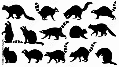 set of raccoon silhouette vector on white background