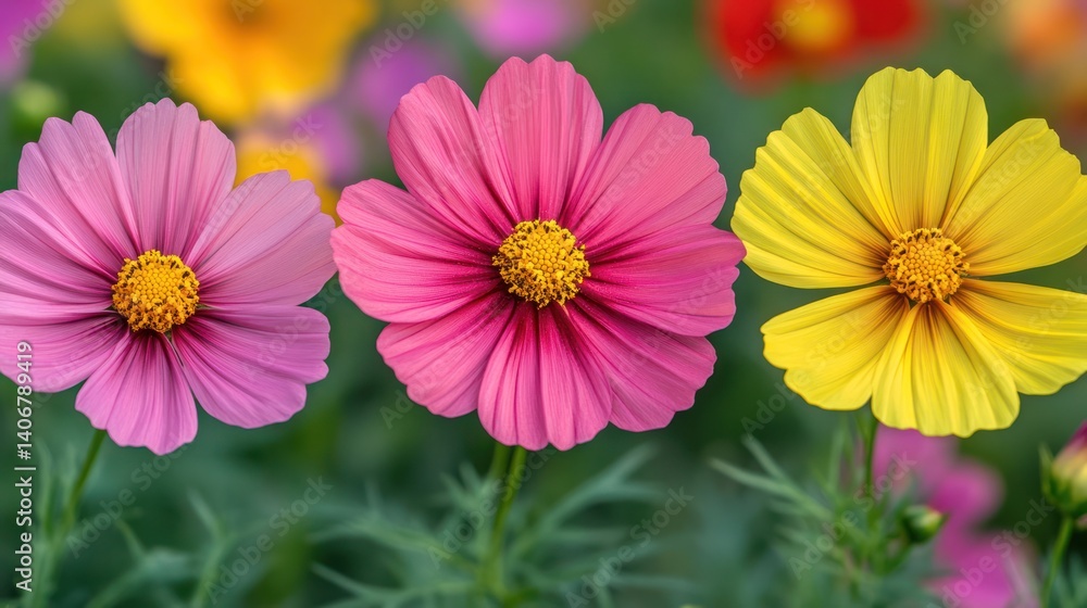 Fototapeta premium Cosmos flowers bloom, garden, bokeh, spring