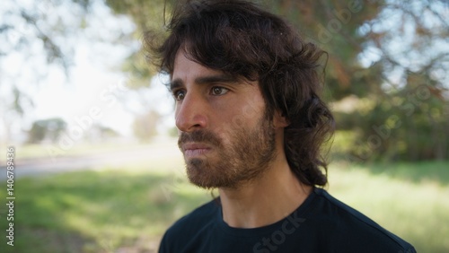 Angry Long Hair Man Thinks About Mistakes Made and Gets Nervous in Nature