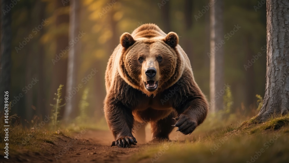 Fototapeta premium A fierce brown bear is captured mid-roar while charging forward in a forest setting