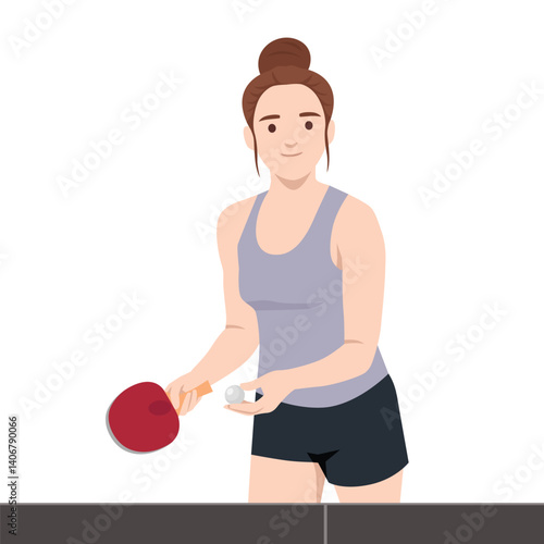 Woman stands prepared to serve the ball during a game of table tennis, holding a paddle and ball. Flat vector illustration isolated on white background