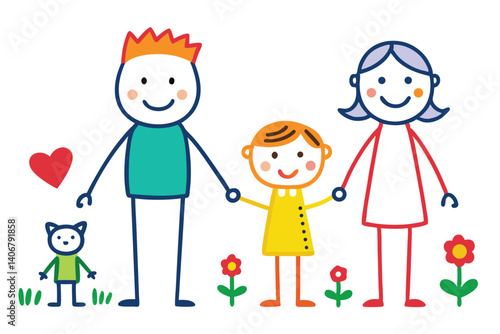 Drawn cartoon family holding hands with cat, flowers and a heart symbol