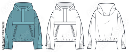 Anorak Jacket technical fashion Illustration. Nylon Jacket, Raincoat fashion flat technical drawing template, hood, drawstring, oversize, front, back view, white, green, women, men, unisex CAD mockup.