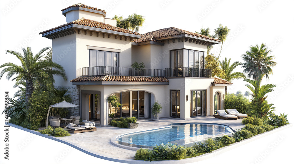 Fototapeta premium Elegant resort style house with pool and lush greenery