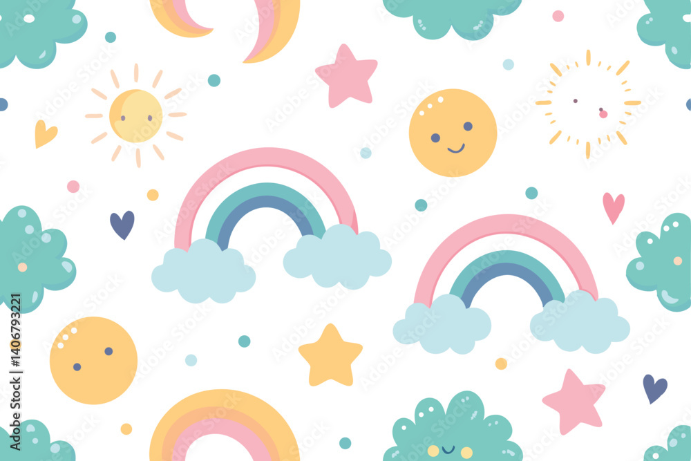 Pastel Rainbows, Stars, Sun, and Clouds Pattern on White Backdrop Pastel Rainbows, Stars, Sun, and Clouds Pattern on White Backdrop