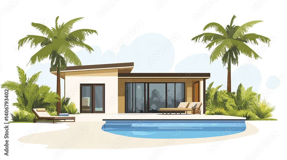 Fototapeta premium Modern resort style house with pool and palm trees, relaxing atmosphere