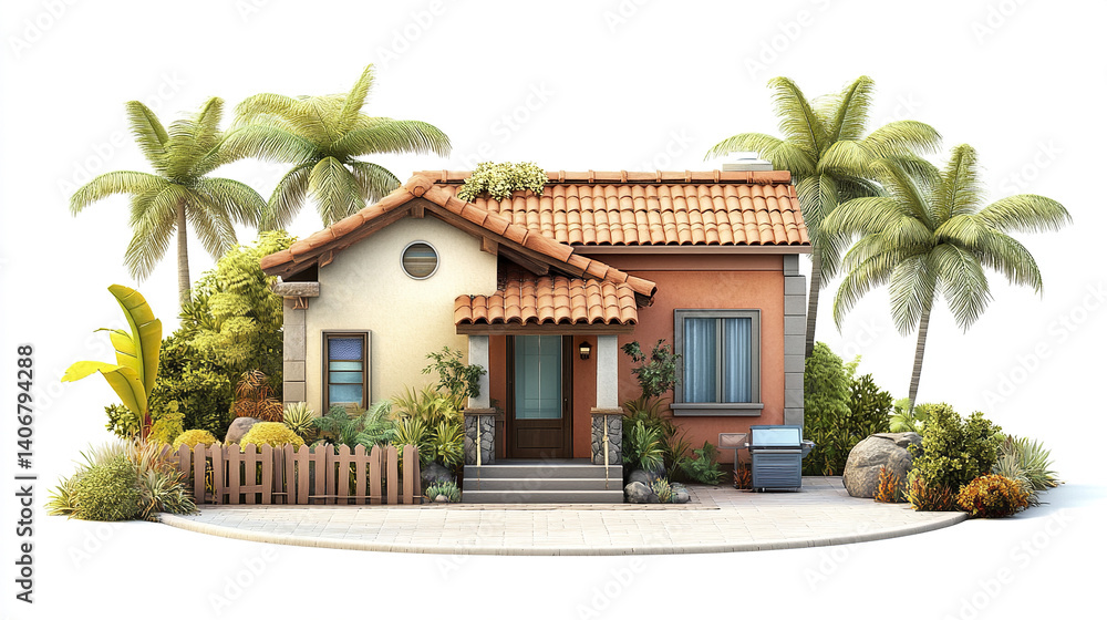 Fototapeta premium Charming resort style house with palm trees and lush greenery
