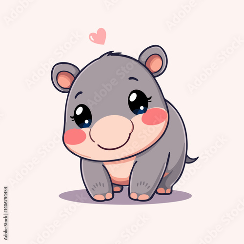 Adorable gray baby hippo with heart and blushing cheeks