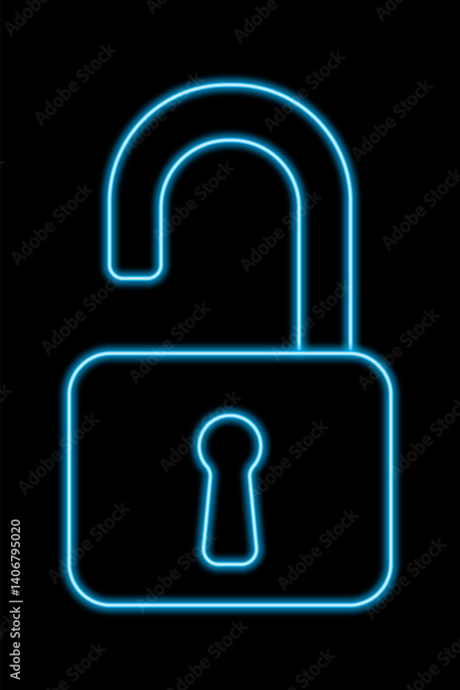 Illustration of a blue neon glowing opened padlock, lock icon. Cyber security and data protection concepts and privacy. Abstract glowing neon opened lock sign. Personal data protection icon Illustration of a blue neon glowing opened padlock, lock icon. Cyber security and data protection concepts and privacy. Abstract glowing neon opened lock sign. Personal data protection icon