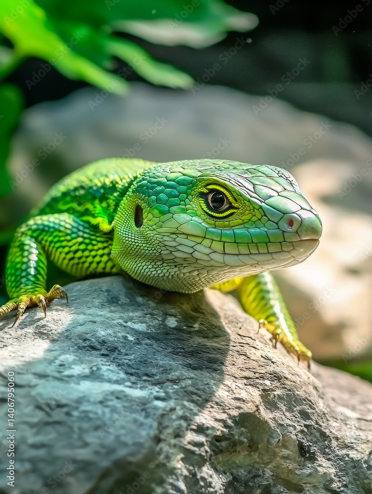 Fototapeta premium Emerald lizard basking on rock, vibrant scales