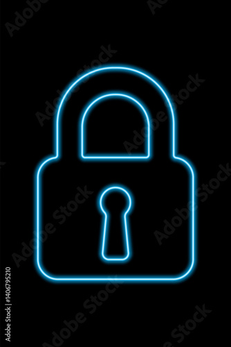 Illustration of a blue neon glowing padlock on a black background, lock icon. Cyber ​​security and data protection concepts and privacy. Abstract glowing neon lock sign. Personal data protection icon