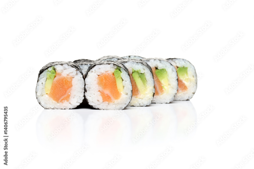Resh sushi rolls with salmon and avocado on white background Resh sushi rolls with salmon and avocado on white background