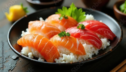 Fresh sushi platter, vibrant fish, rice, seaweed, ginger, tempura