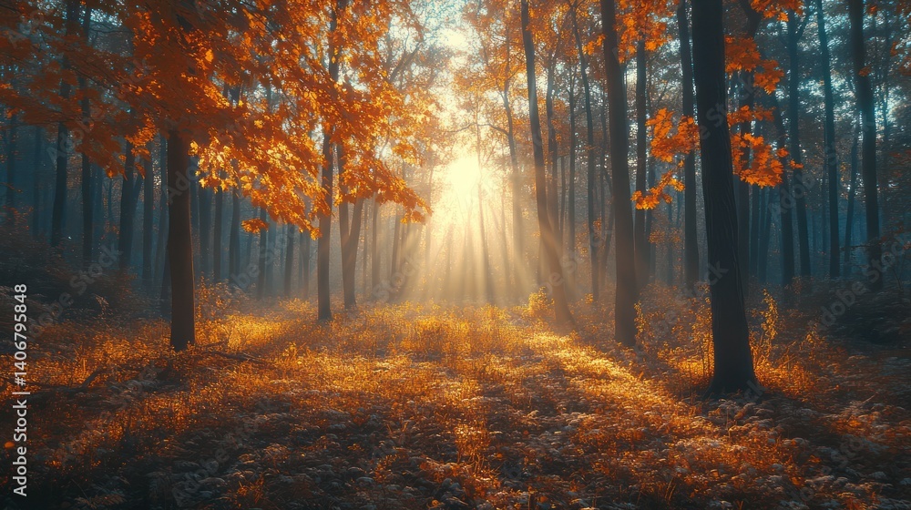 Fototapeta premium Sunbeams pierce autumn forest mist