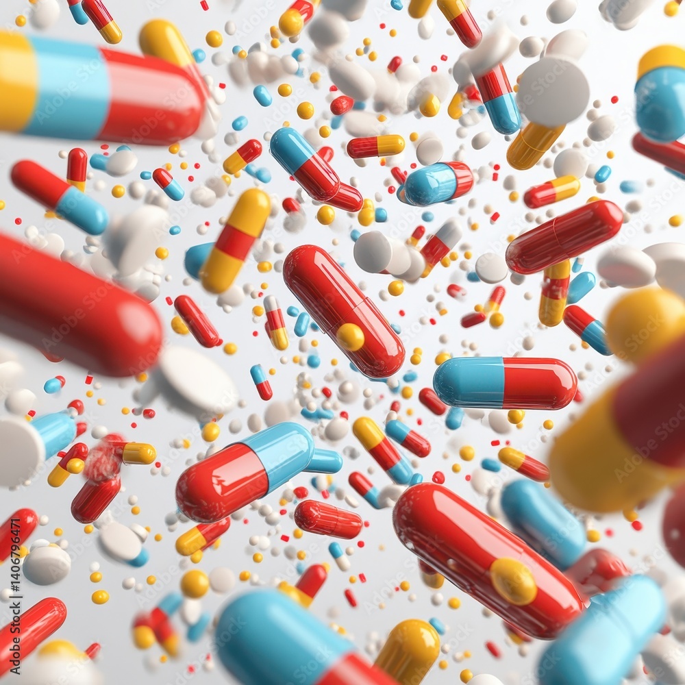 Colorful pills in motion Colorful pills in motion