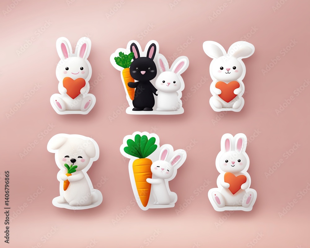 Naklejka premium Cute bunnies and carrots in playful designs.