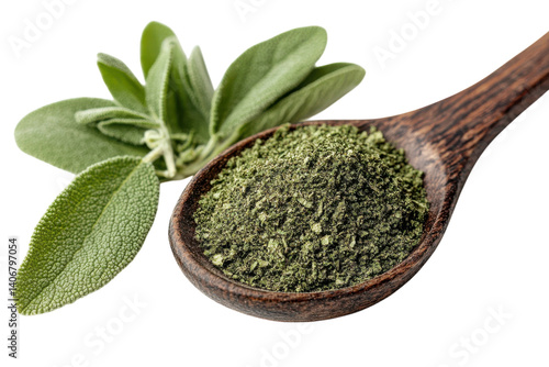 Fresh sage leaves and ground sage in a wooden spoon on a clean background
