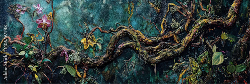 vector illustration of tree branch with orchid flowers, moss and vines in style of oil painting on canvas	