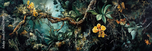 vector illustration of tree branch with orchid flowers, moss and vines in style of oil painting on canvas	