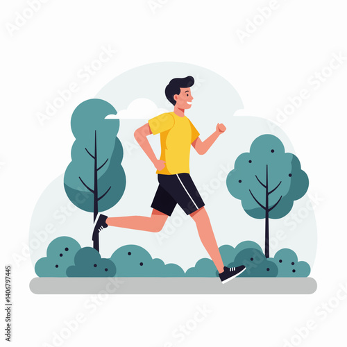 A teenager jogging in the park, fresh and determined – style flat design, simple, minimalist, plain white background