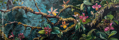 vector illustration of tree branch with orchid flowers, moss and vines in style of oil painting on canvas	