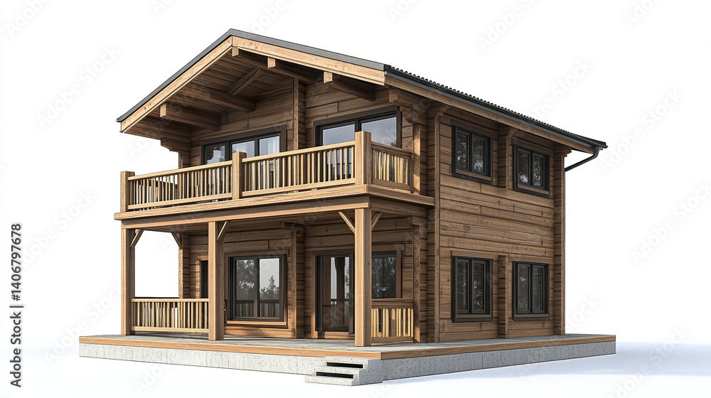 Wooden house with balcony on white background Wooden house with balcony on white background