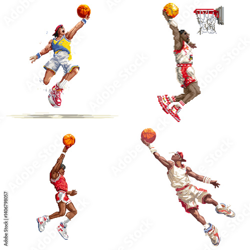 Dynamic pixel art of four basketball players performing powerful slam dunks. Ideal for sports illustrations, urban art, game assets, and athletic-themed digital content.

