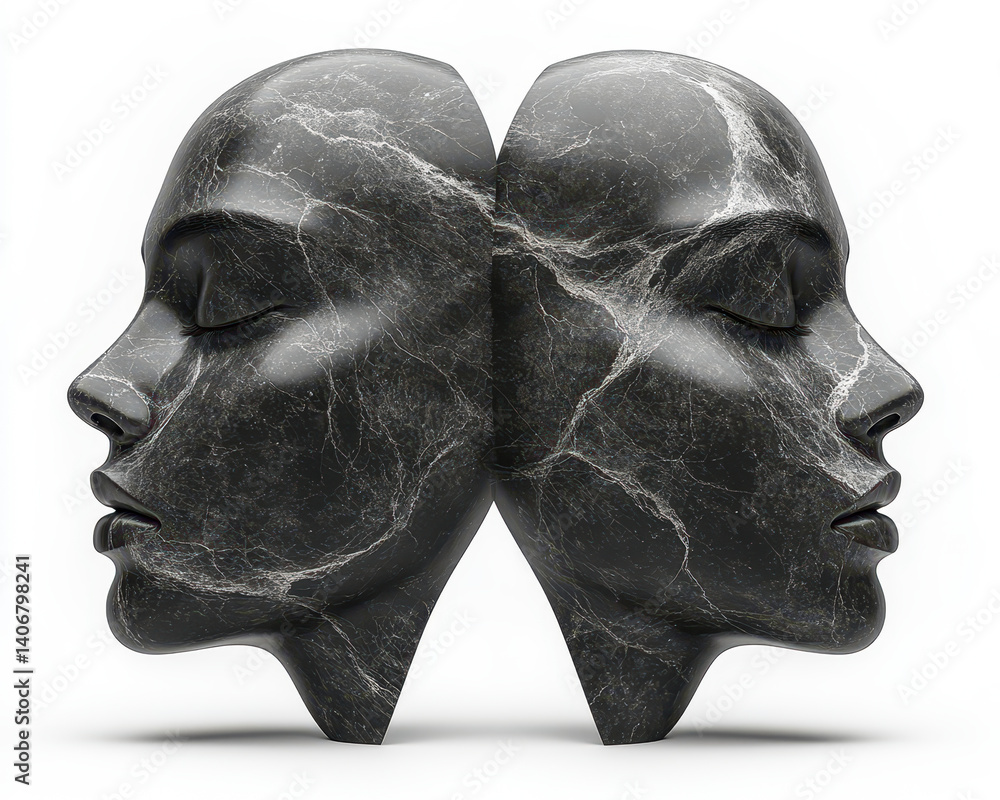high-quality image of dual marble stone human faces sculpture with symmetrical design isolated on white background