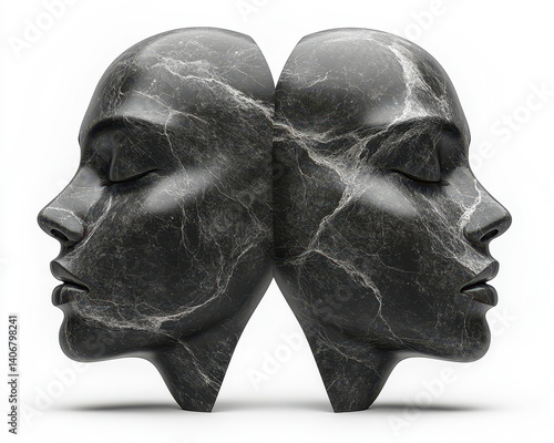 Obraz na płótnie high-quality image of dual marble stone human faces sculpture with symmetrical design isolated on white background w salonie