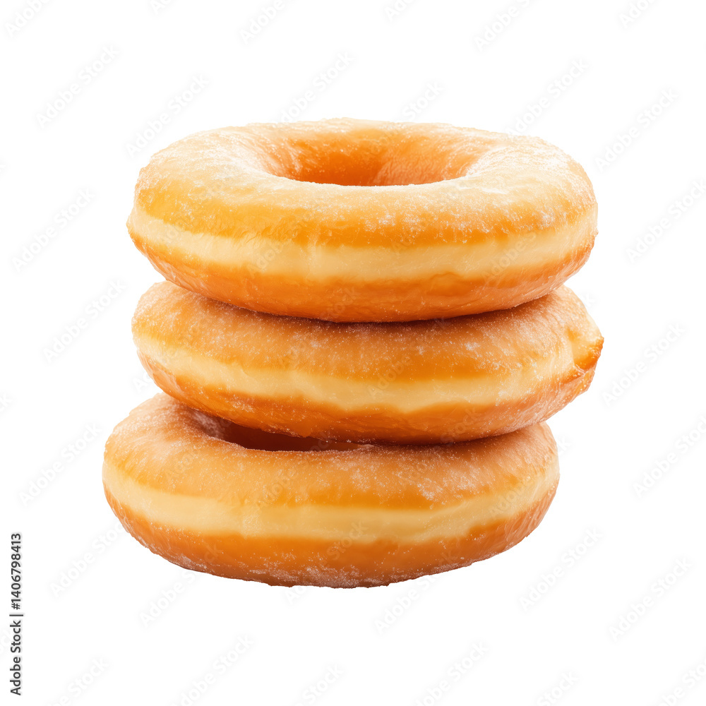 Golden-brown glazed donuts stacked together isolated on white background. Sweet dessert and freshly baked pastry concept Golden-brown glazed donuts stacked together isolated on white background. Sweet dessert and freshly baked pastry concept