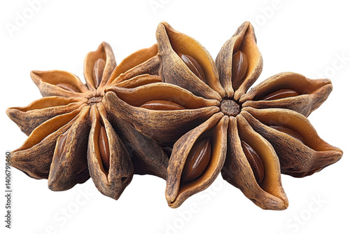 Star anise displayed with detailed features on a white background