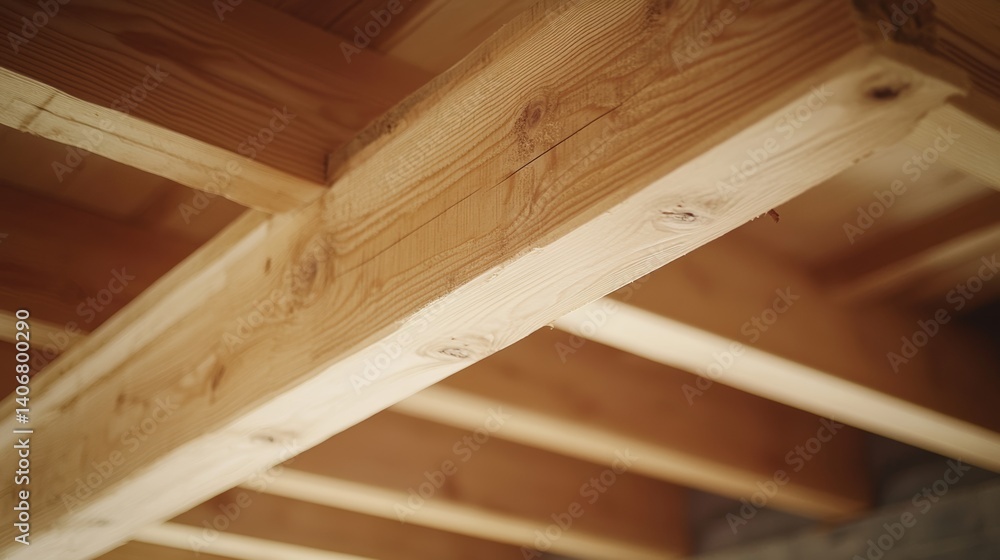 Carpenter installing a wooden ceiling beam. Featuring construction framing Carpenter installing a wooden ceiling beam. Featuring construction framing