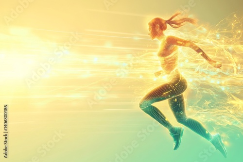 Futuristic female runner in glowing smart sportswear. Biometric light trails, abstract tech background, fast motion, AI-enhanced performance, digital sport concept.