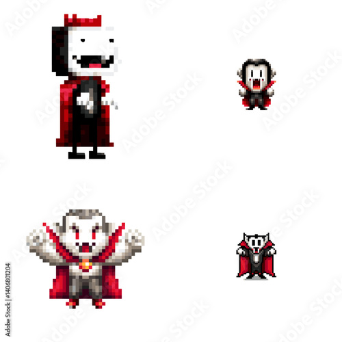 Pixel art vampire characters in red capes with fangs and dramatic poses, ideal for Halloween designs, retro games, spooky illustrations, and classic horror-themed assets.

