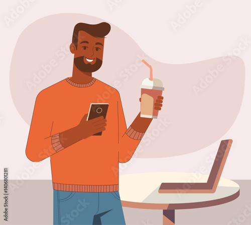 Dark skinned man holding a paper coffee cup and smartphone, depicting modern multitasking, technology in everyday life. For technology and lifestyle designs, symbolizing convenience and connectivity.