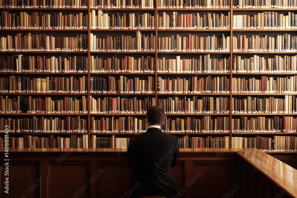 Man admires a vast collection of antique books in a historic library setting Man admires a vast collection of antique books in a historic library setting